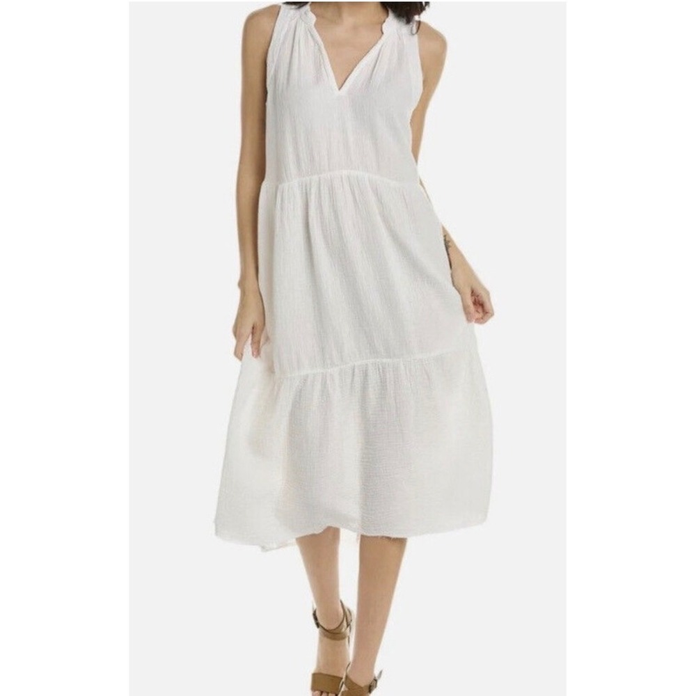 Nation LTD White Gauze Cotton Sleeveless V-Neck Tiered Midi Dress Womens Small